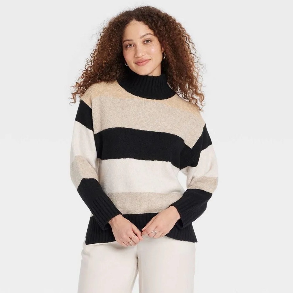 a new day Black and Cream Striped Turtleneck Sweater